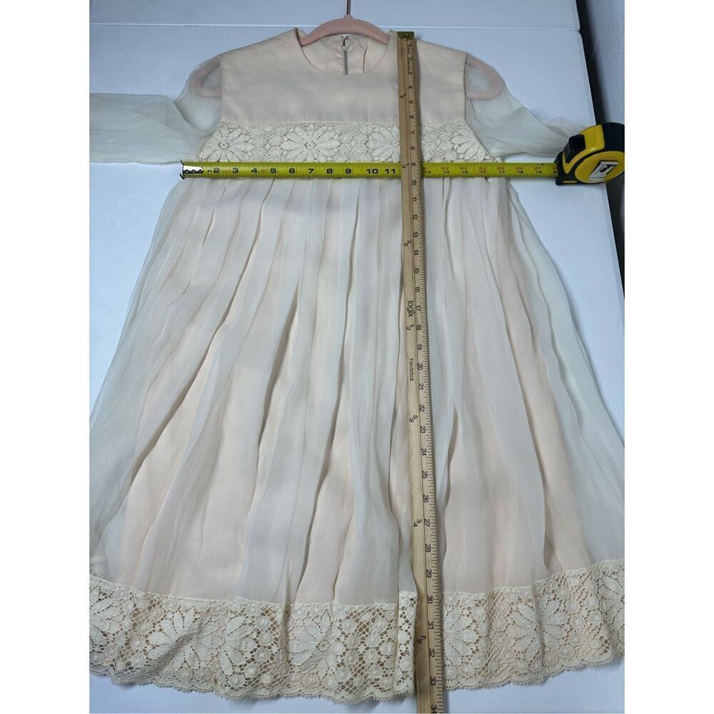 Rare Vintage Pleated Mini Dress Lace Trim Lined Sheer Size 5 (M) Cream Back Zip - Picture 6 of 15